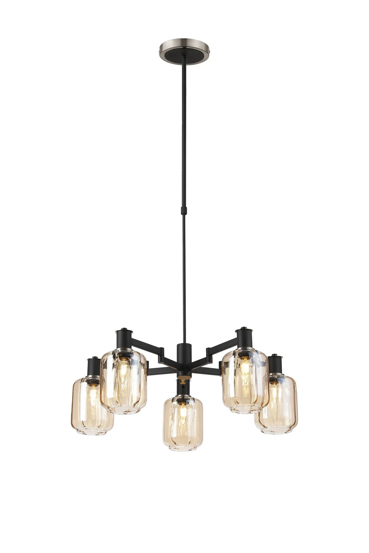 Adamson Swing Arm Telescopic Pendant 5 x E14 Satin Nickel/Satin Black/Amber Striped Cylinder Glass