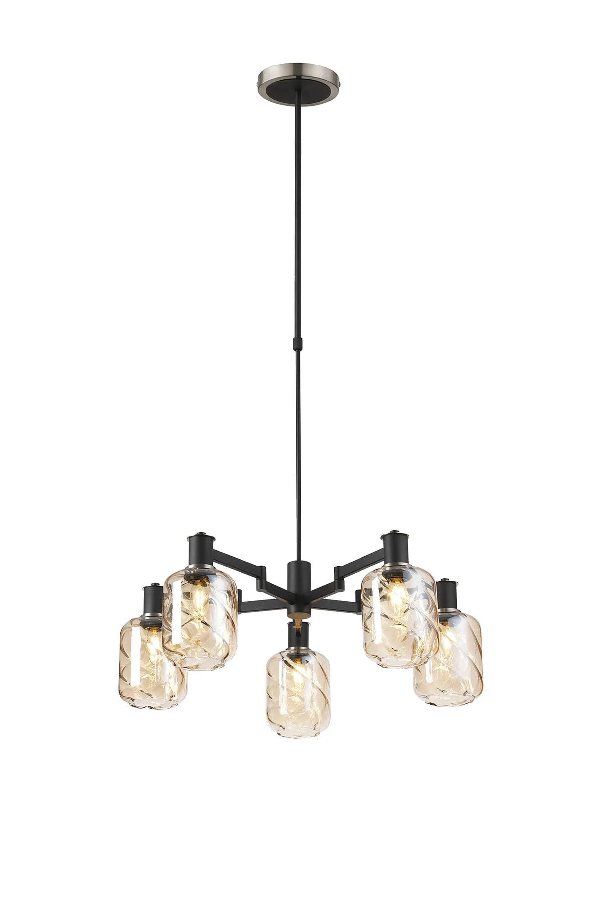 Adamson Swing Arm Telescopic Pendant 5 x E14 Satin Nickel/Satin Black/Amber Twisted Cylinder Glass
