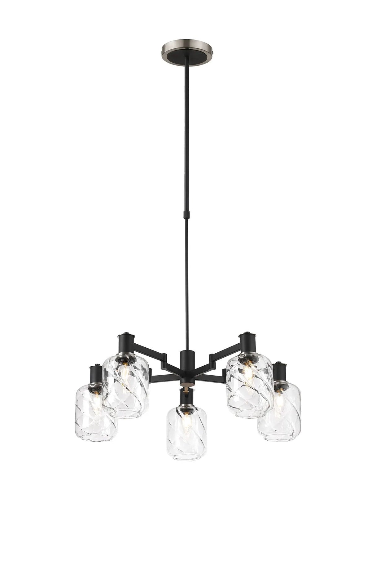 Adamson Swing Arm Telescopic Pendant 5 x E14 Satin Nickel/Satin Black/Clear Twisted Cylinder Glass