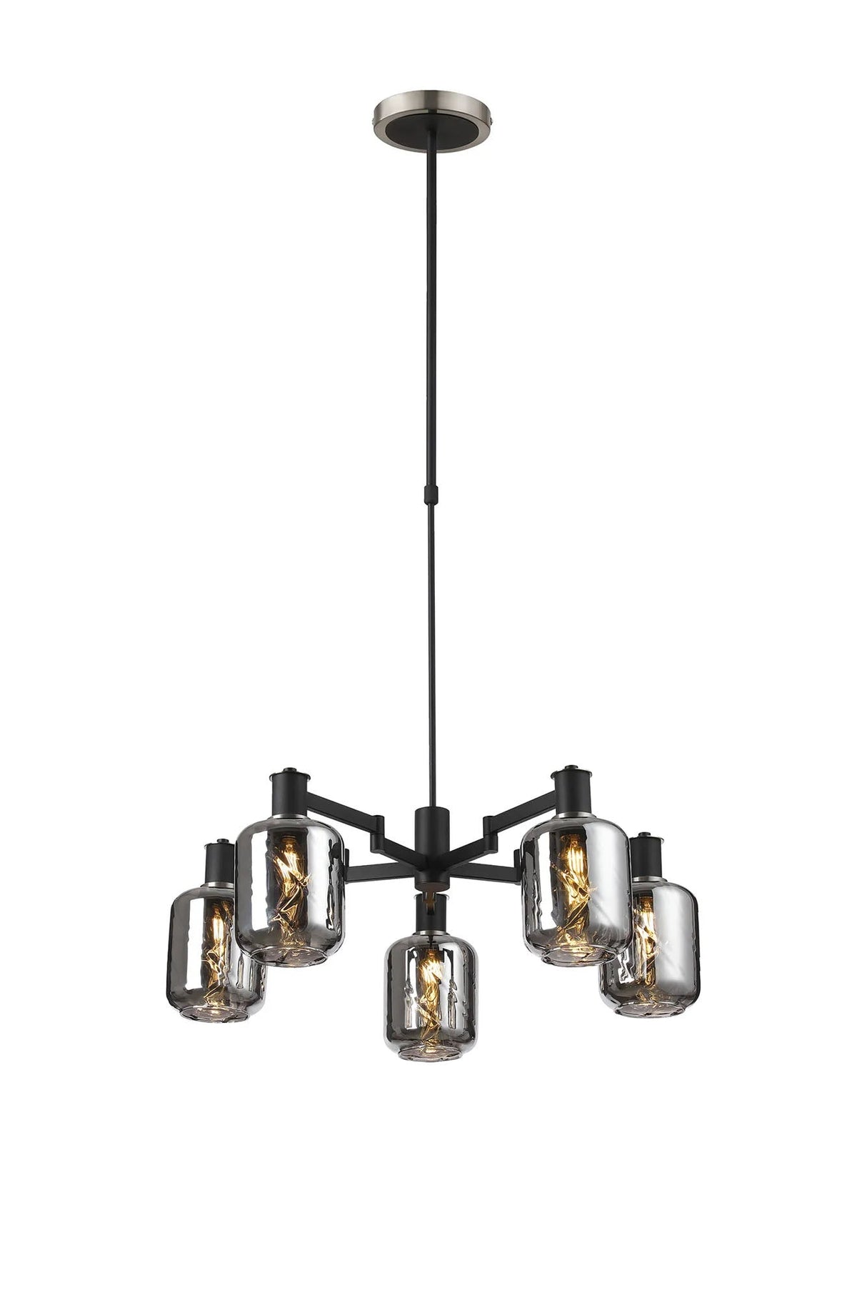 Adamson Swing Arm Telescopic Pendant 5 x E14 Satin Nickel/Satin Black/Smoke Twisted Cylinder Glass