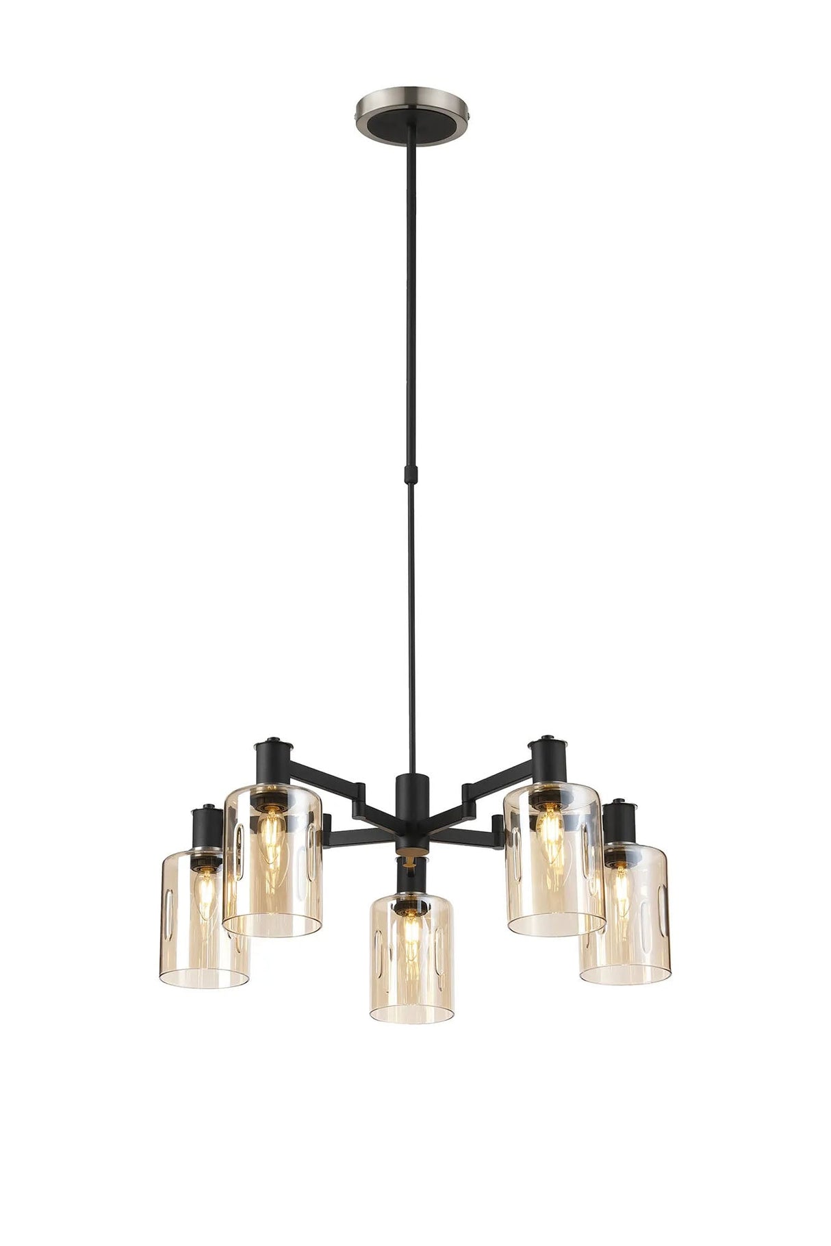 Adamson Swing Arm Telescopic Pendant 5 x E14 Satin Nickel/Satin Black/Amber Uniform Dimple Cylinder Glass