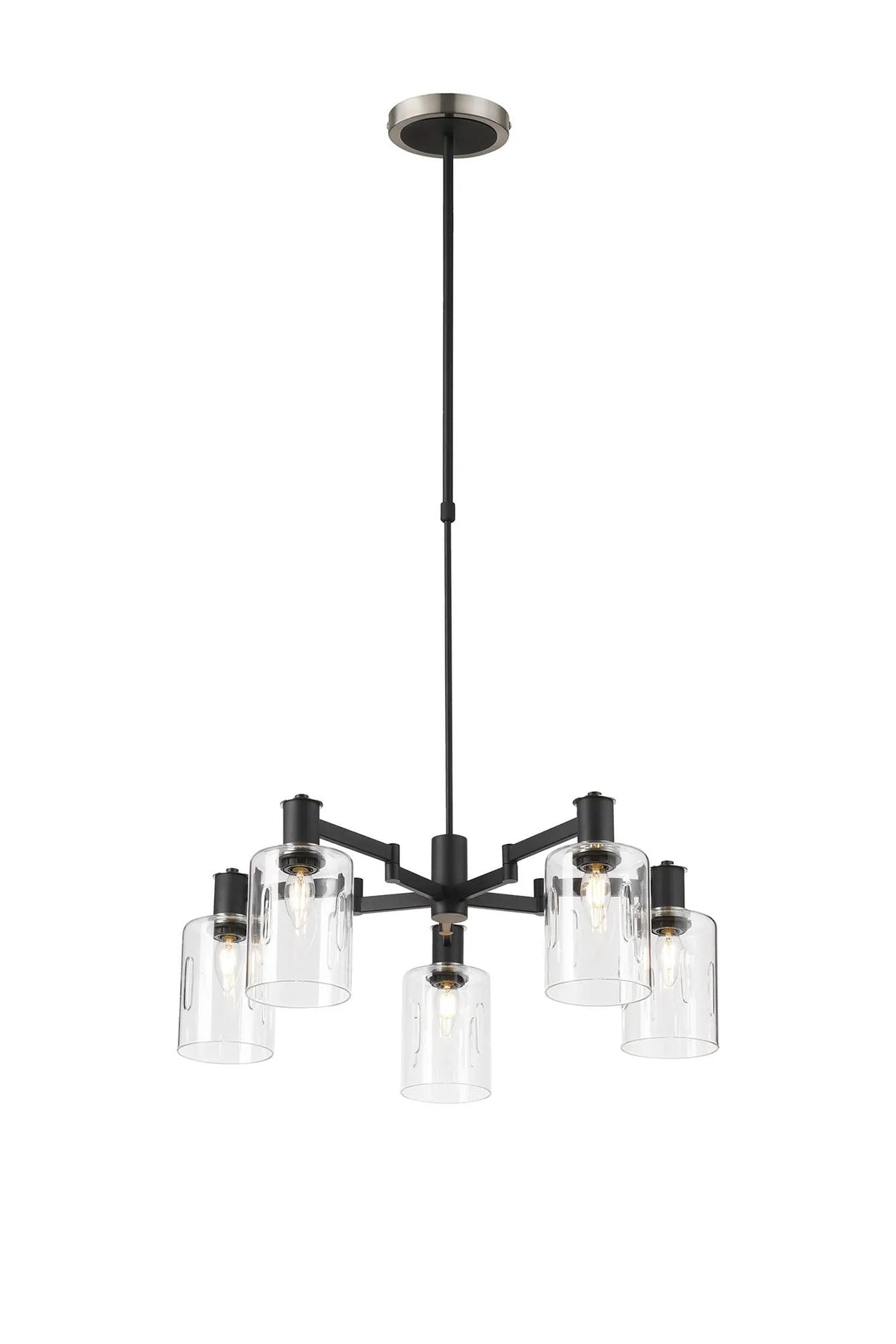 Adamson Swing Arm Telescopic Pendant 5 x E14 Satin Nickel/Satin Black/Clear Uniform Dimple Cylinder Glass