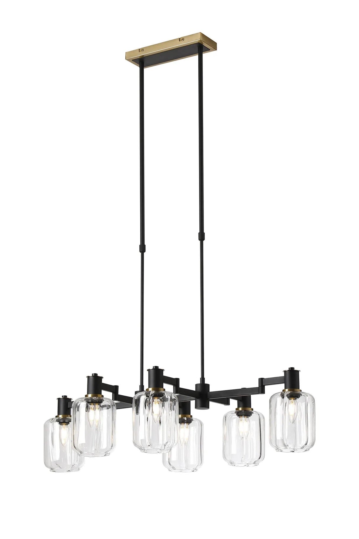 Adamson Swing Arm Telescopic Linear Pendant 6 x E14 Brass/Satin Black/Clear Striped Cylinder Glass