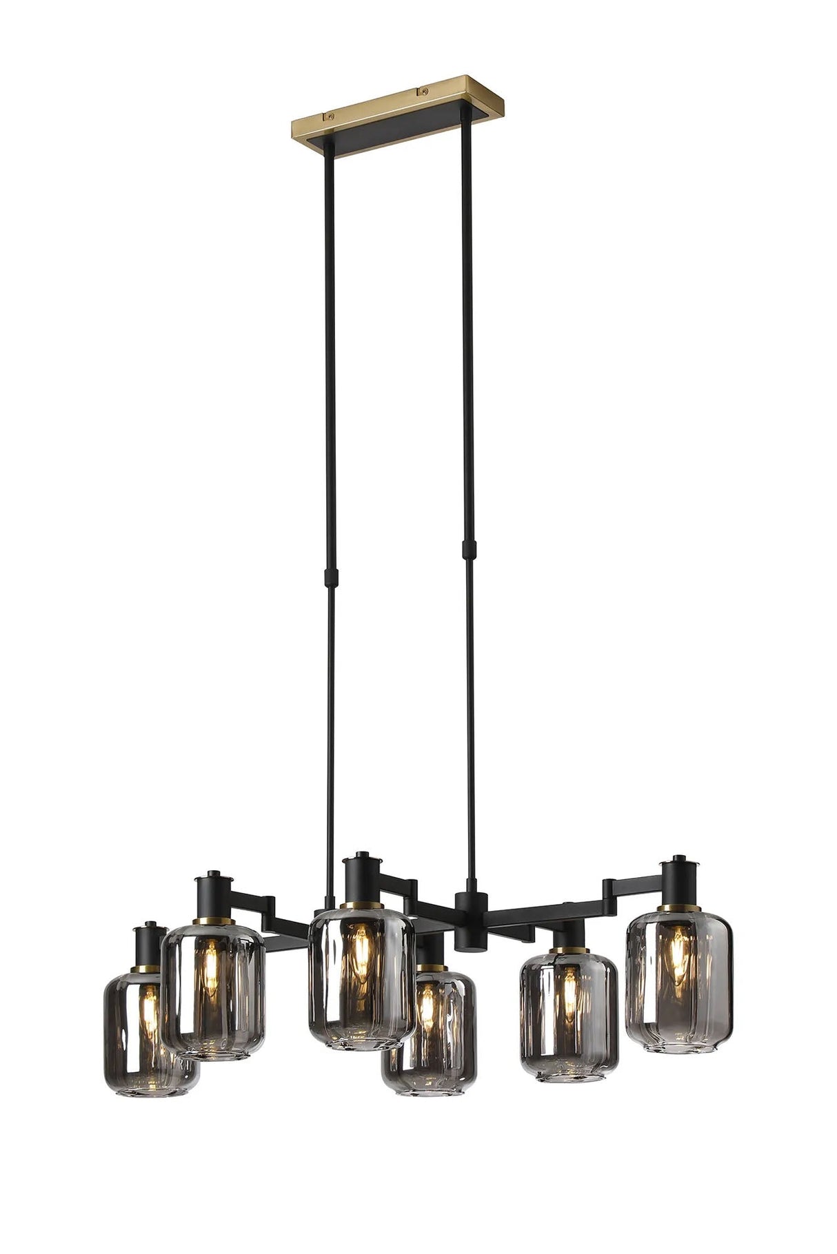 Adamson Swing Arm Telescopic Linear Pendant 6 x E14 Brass/Satin Black/Smoke Striped Cylinder Glass