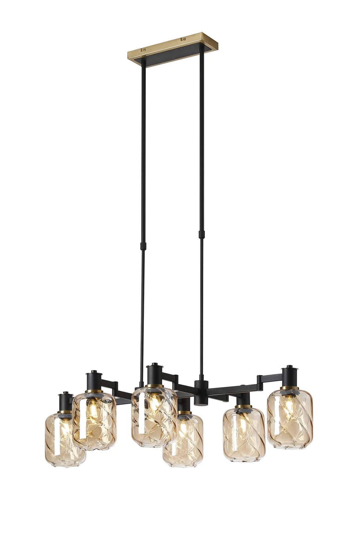 Adamson Swing Arm Telescopic Linear Pendant 6 x E14 Brass/Satin Black/Amber Twisted Cylinder Glass