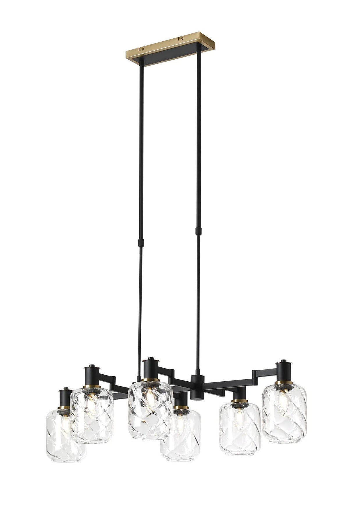 Adamson Swing Arm Telescopic Linear Pendant 6 x E14 Brass/Satin Black/Clear Twisted Cylinder Glass