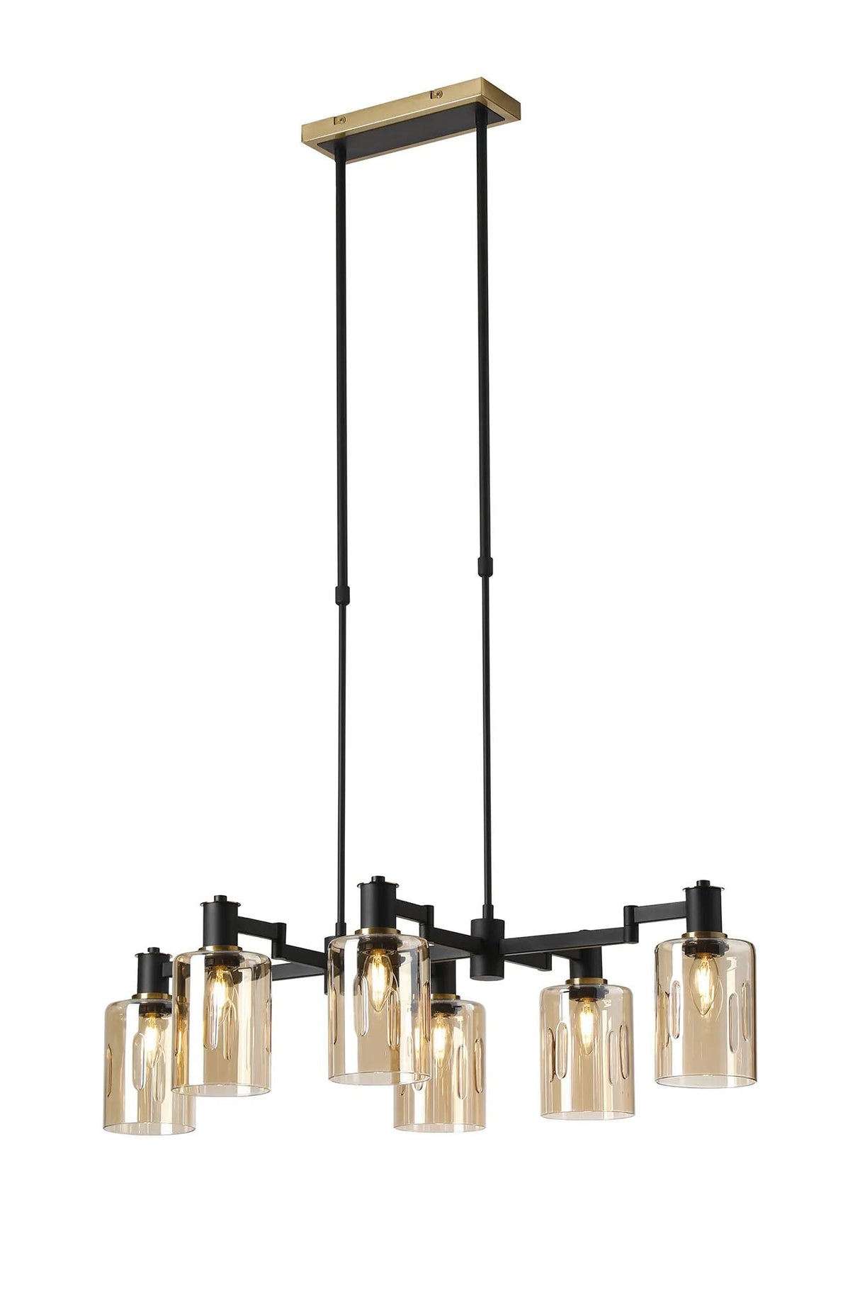 Adamson Swing Arm Telescopic Linear Pendant 6 x E14 Brass/Satin Black/Amber Uniform Dimple Cylinder Glass