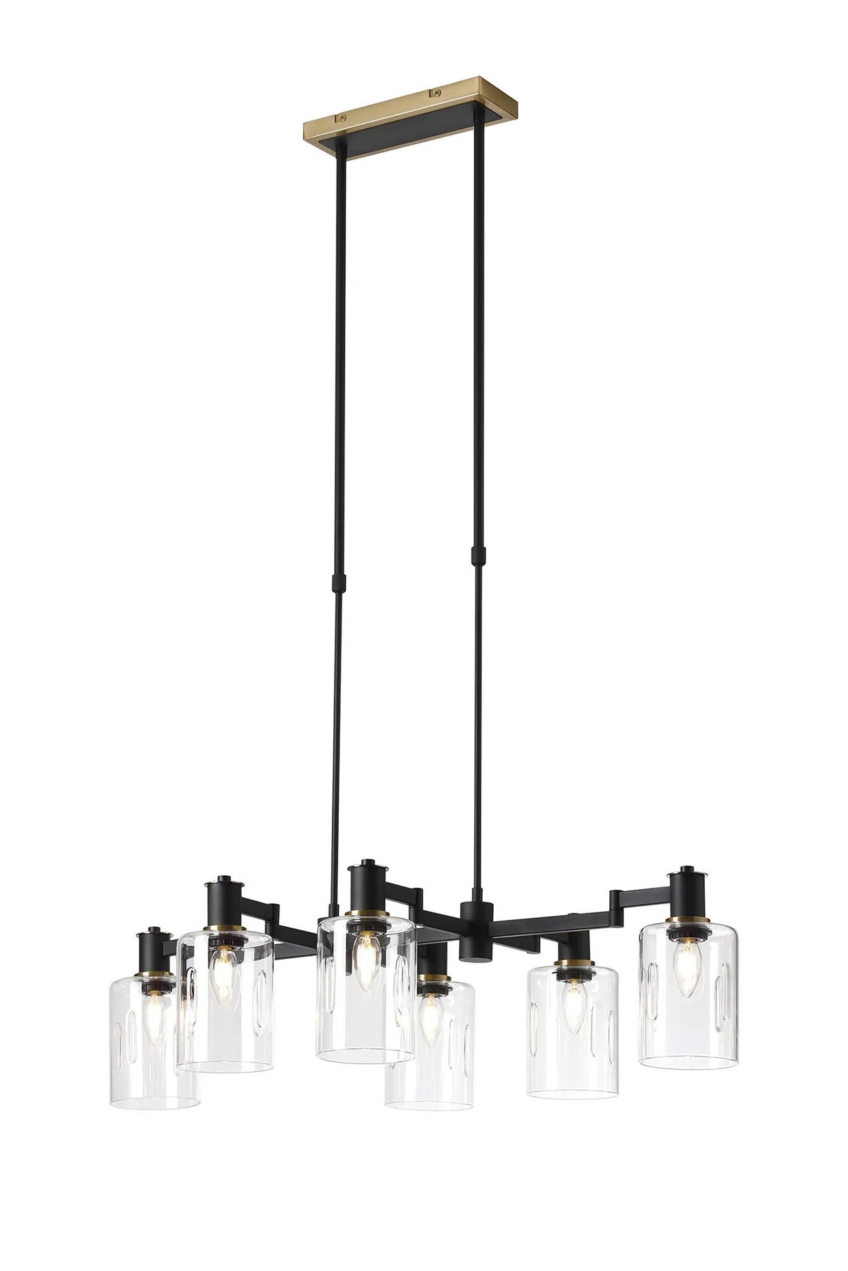 Adamson Swing Arm Telescopic Linear Pendant 6 x E14 Brass/Satin Black/Clear Uniform Dimple Cylinder Glass