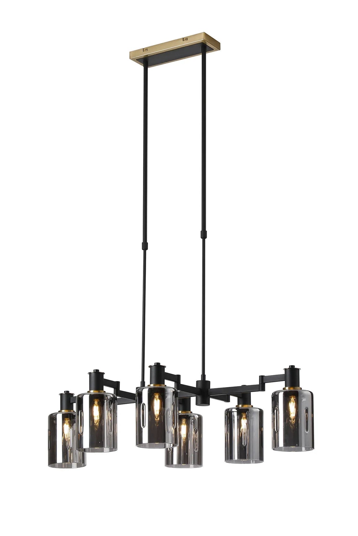 Adamson Swing Arm Telescopic Linear Pendant 6 x E14 Brass/Satin Black/Smoke Uniform Dimple Cylinder Glass
