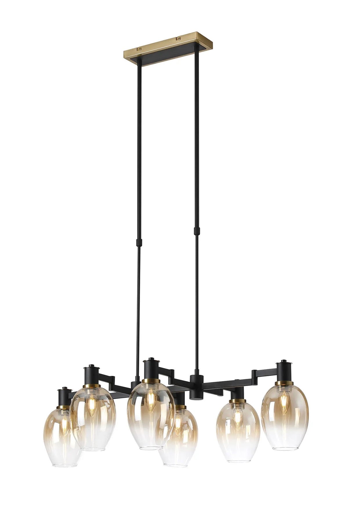 Adamson Swing Arm Telescopic Linear Pendant 6 x E14 Brass/Satin Black/Amber Fade Wine Glass Glass