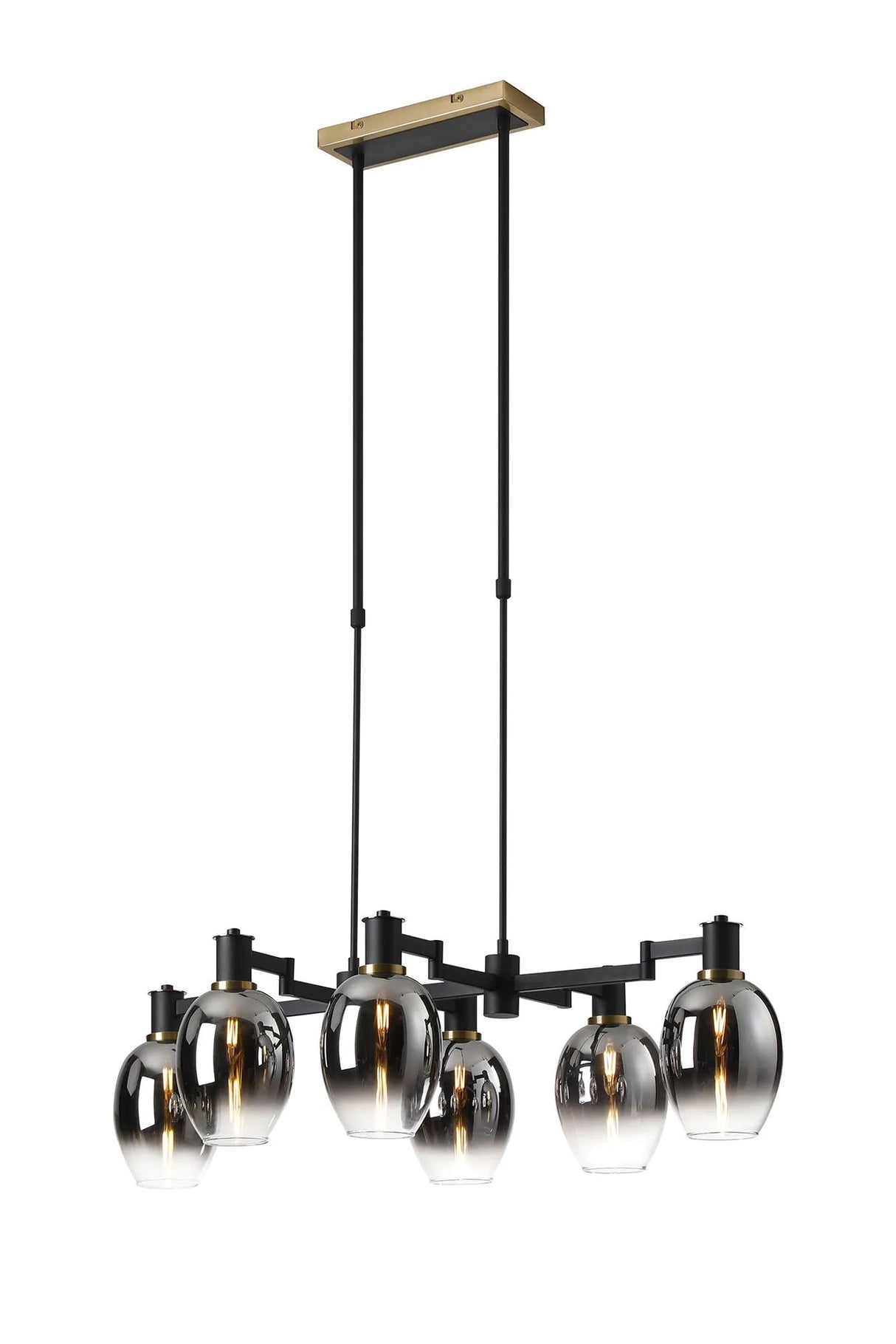 Adamson Swing Arm Telescopic Linear Pendant 6 x E14 Brass/Satin Black/Smoke Fade Wine Glass Glass