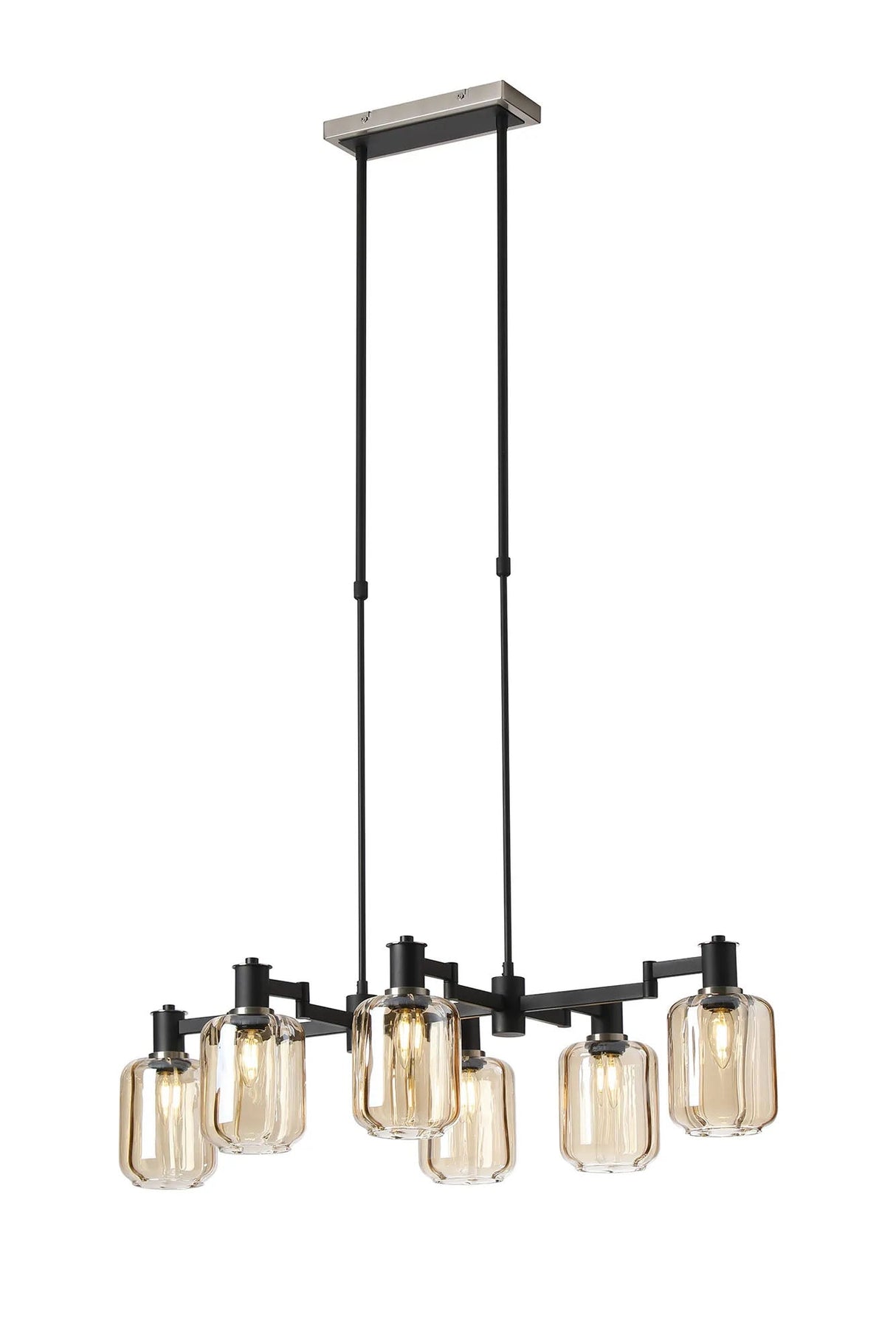 Adamson Swing Arm Telescopic Linear Pendant 6 x E14 Satin Nickel/Satin Black/Amber Striped Cylinder Glass