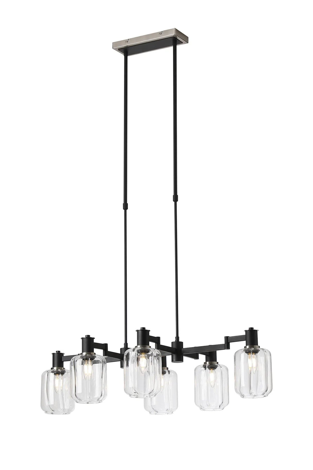 Adamson Swing Arm Telescopic Linear Pendant 6 x E14 Satin Nickel/Satin Black/Clear Striped Cylinder Glass