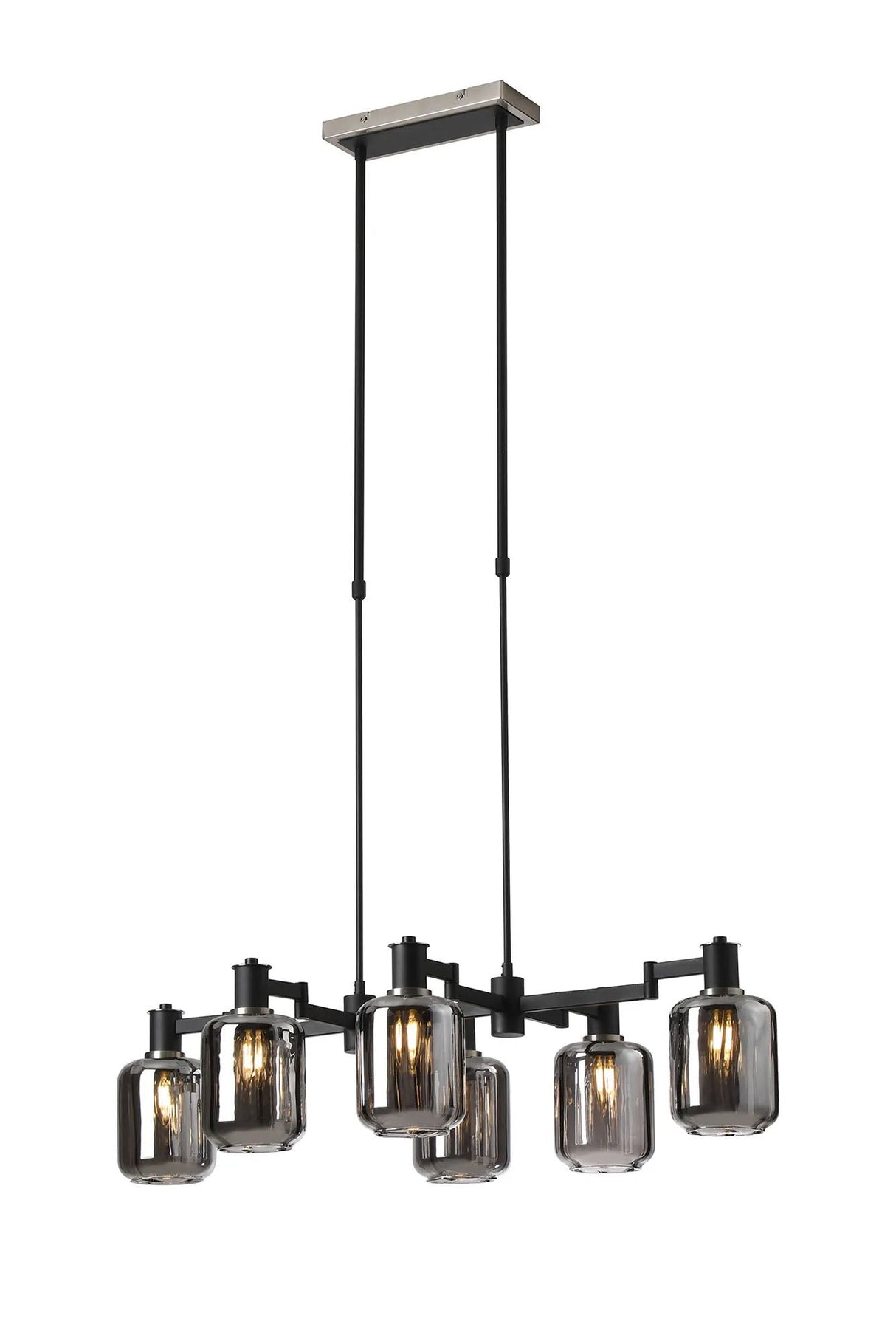 Adamson Swing Arm Telescopic Linear Pendant 6 x E14 Satin Nickel/Satin Black/Smoke Striped Cylinder Glass