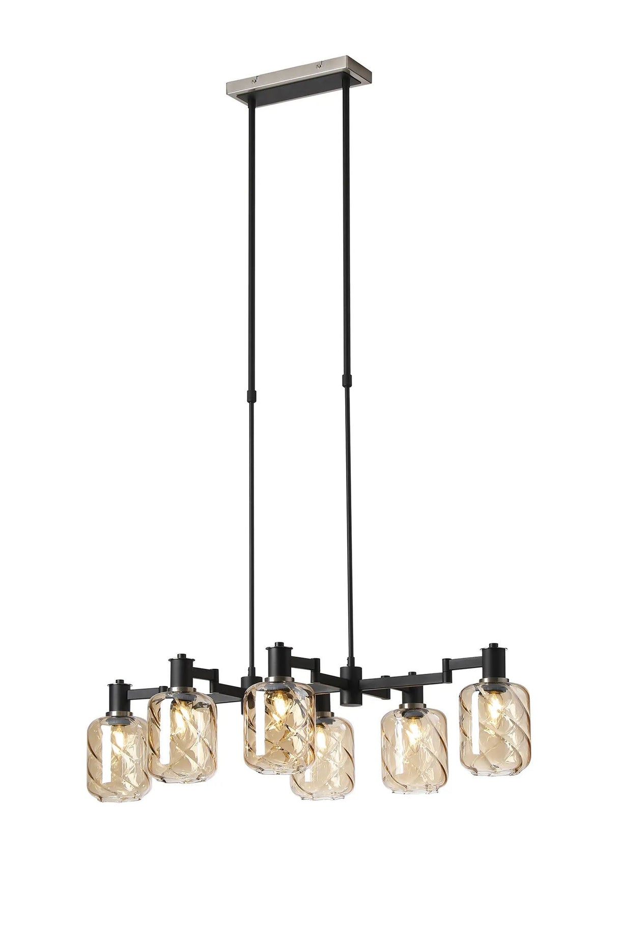 Adamson Swing Arm Telescopic Linear Pendant 6 x E14 Satin Nickel/Satin Black/Amber Twisted Cylinder Glass