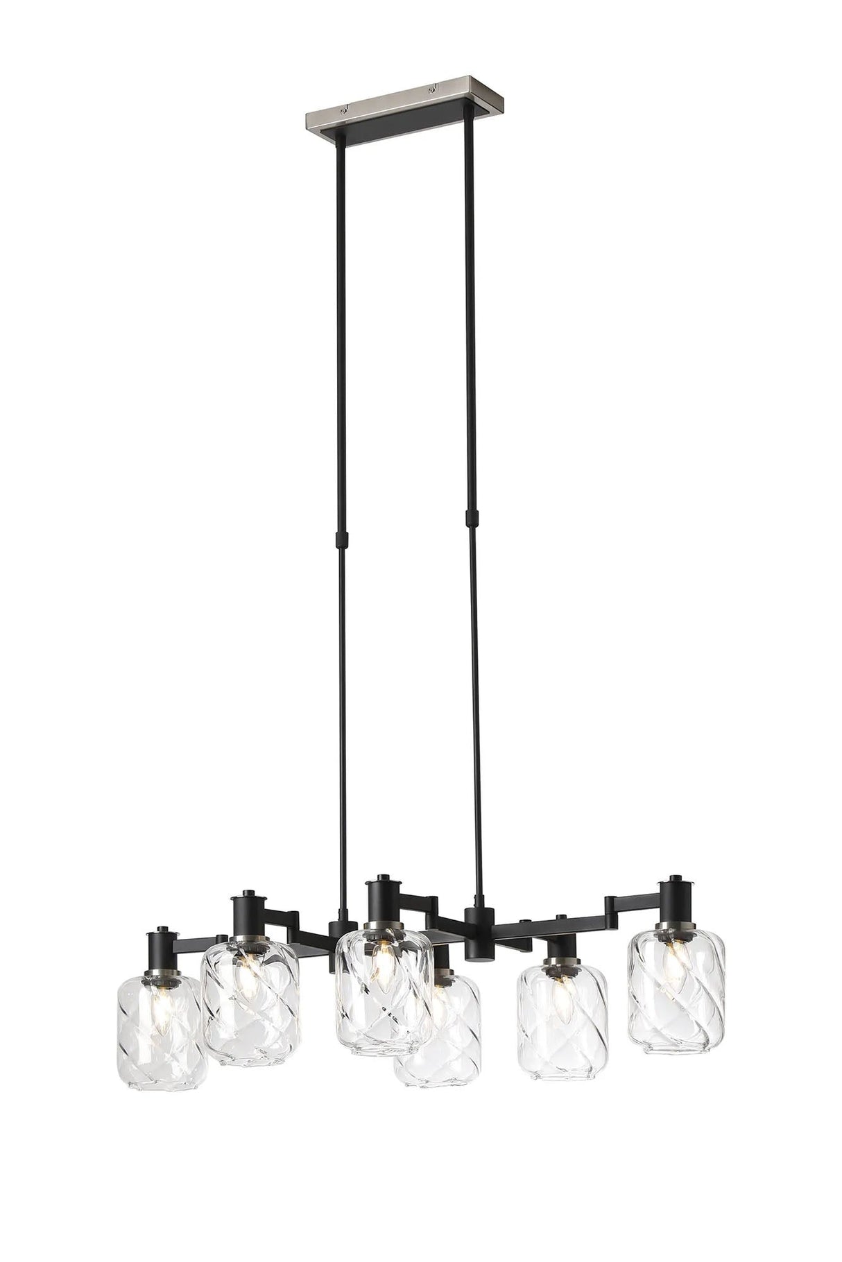 Adamson Swing Arm Telescopic Linear Pendant 6 x E14 Satin Nickel/Satin Black/Clear Twisted Cylinder Glass
