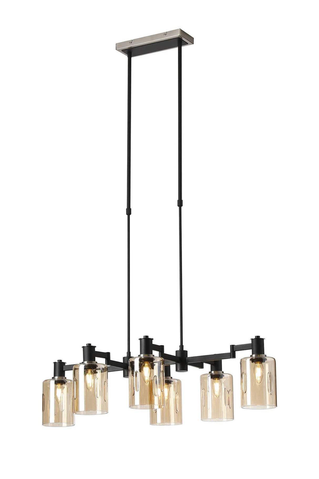 Adamson Swing Arm Telescopic Linear Pendant 6 x E14 Satin Nickel/Satin Black/Amber Uniform Dimple Cylinder Glass
