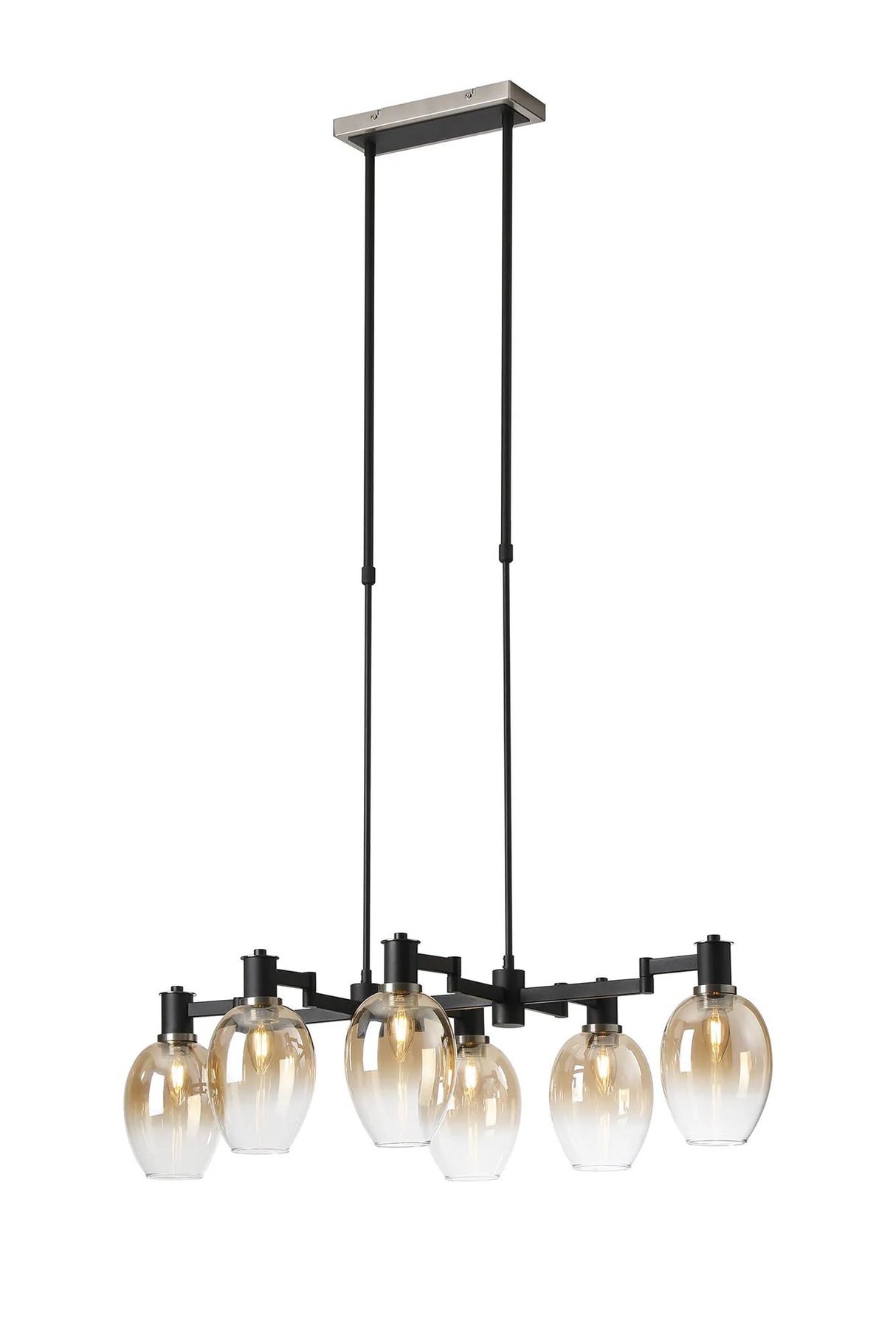 Adamson Swing Arm Telescopic Linear Pendant 6 x E14 Satin Nickel/Satin Black/Amber Fade Wine Glass Glass