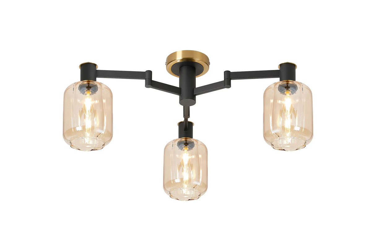 Adamson Swing Arm Flush Ceiling 3 x E14 Brass/Satin Black/Amber Striped Cylinder Glass