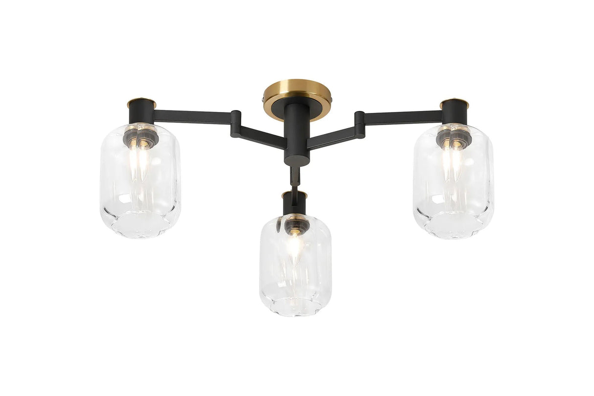 Adamson Swing Arm Flush Ceiling 3 x E14 Brass/Satin Black/Clear Striped Cylinder Glass