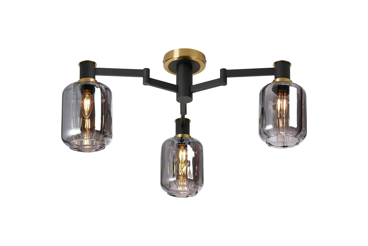 Adamson Swing Arm Flush Ceiling 3 x E14 Brass/Satin Black/Smoke Striped Cylinder Glass