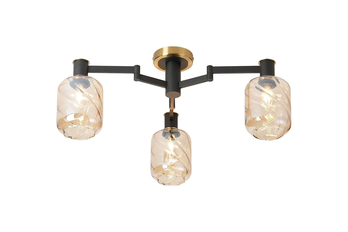 Adamson Swing Arm Flush Ceiling 3 x E14 Brass/Satin Black/Amber Twisted Cylinder Glass