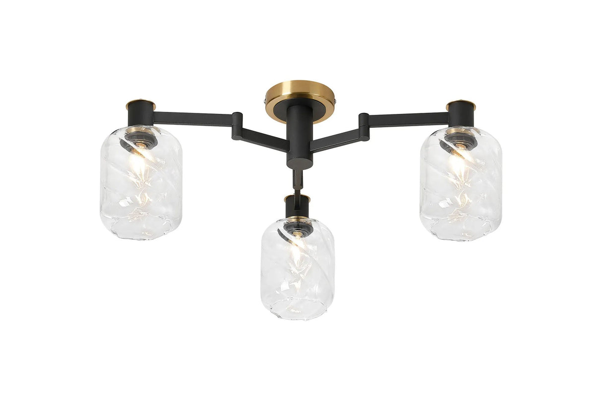 Adamson Swing Arm Flush Ceiling 3 x E14 Brass/Satin Black/Clear Twisted Cylinder Glass