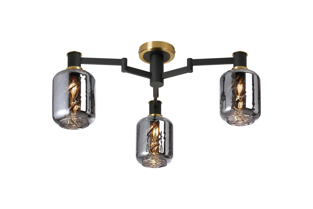 Adamson Swing Arm Flush Ceiling 3 x E14 Brass/Satin Black/Smoke Twisted Cylinder Glass