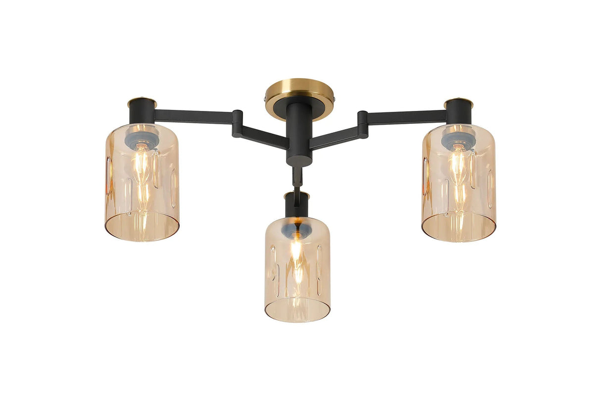 Adamson Swing Arm Flush Ceiling 3 x E14 Brass/Satin Black/Amber Uniform Dimple Cylinder Glass