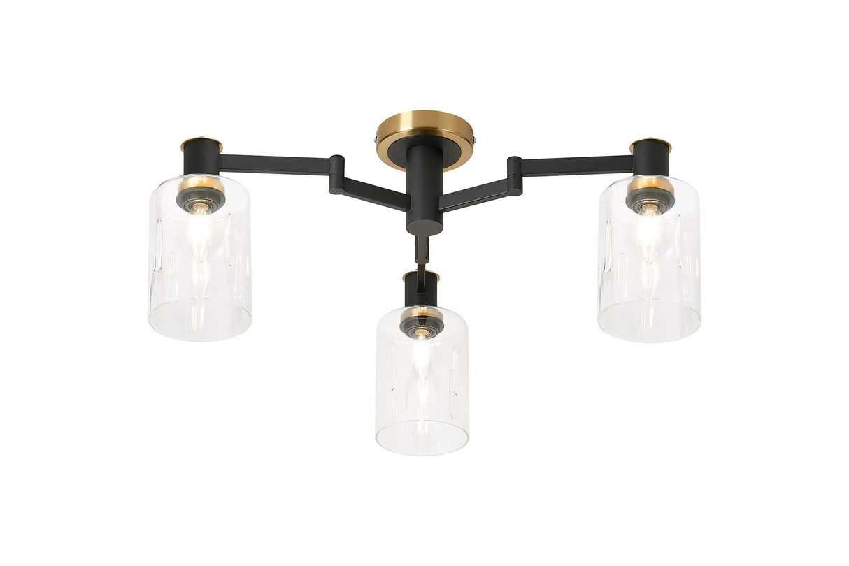 Adamson Swing Arm Flush Ceiling 3 x E14 Brass/Satin Black/Clear Uniform Dimple Cylinder Glass