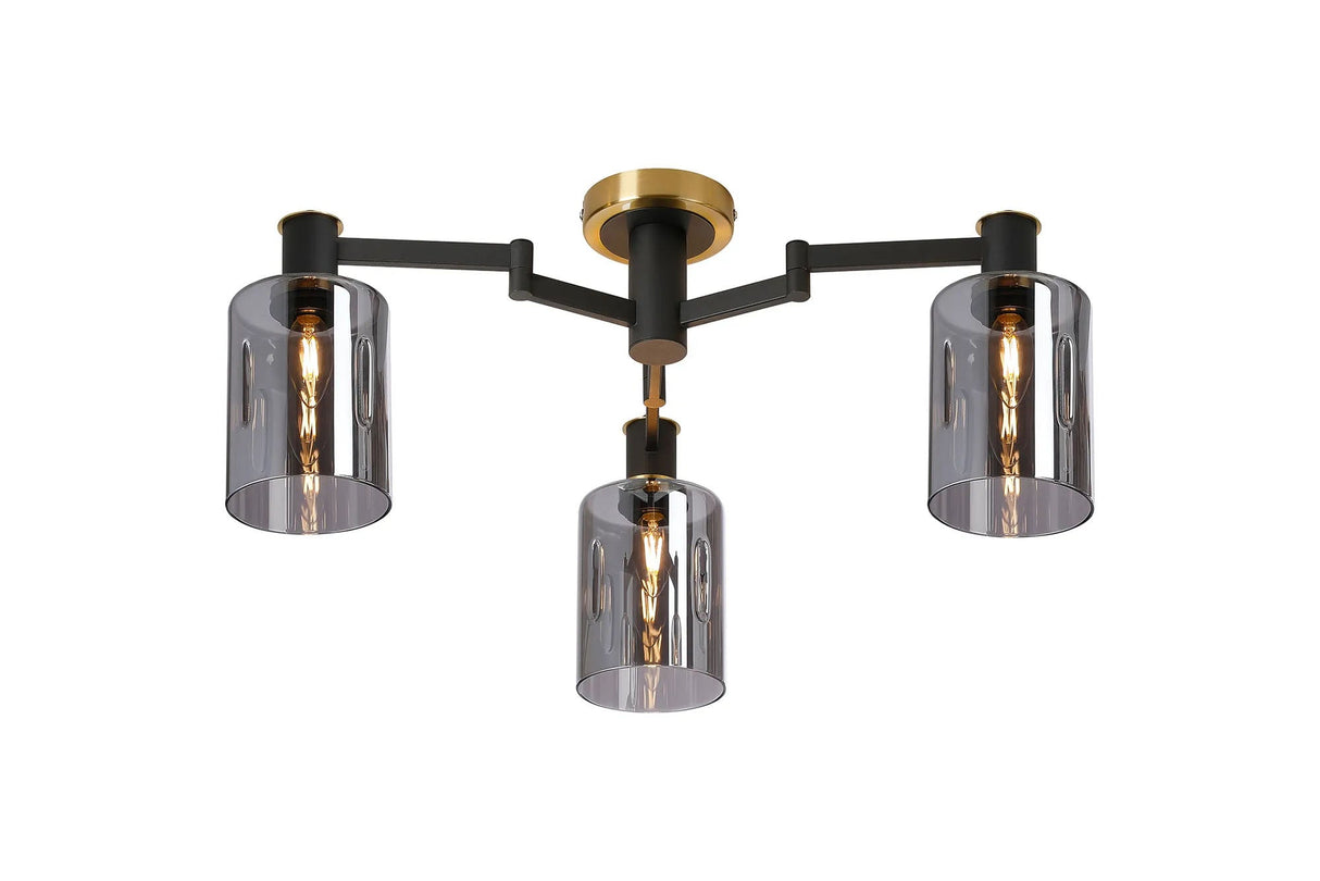 Adamson Swing Arm Flush Ceiling 3 x E14 Brass/Satin Black/Smoke Uniform Dimple Cylinder Glass