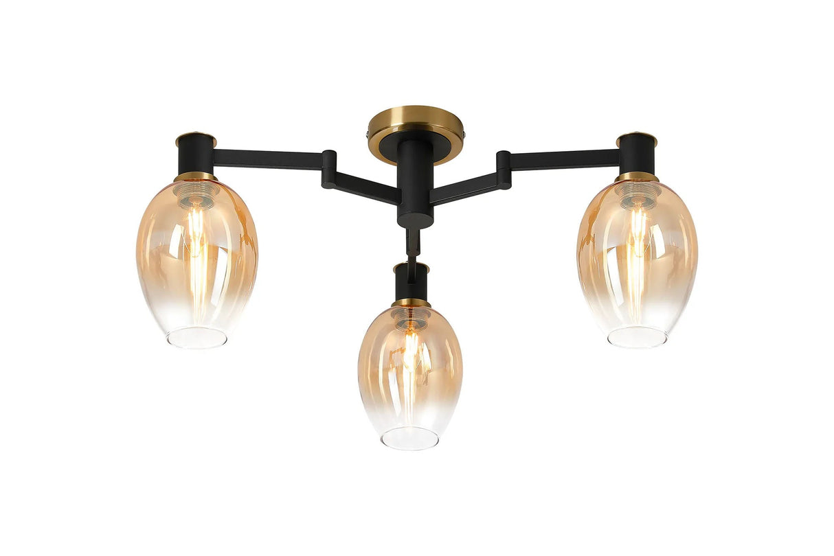 Adamson Swing Arm Flush Ceiling 3 x E14 Brass/Satin Black/Amber Fade Wine Glass Glass