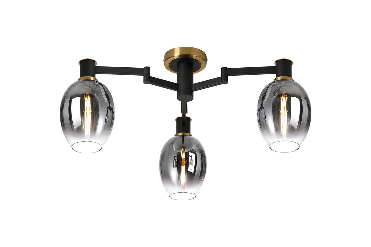 Adamson Swing Arm Flush Ceiling 3 x E14 Brass/Satin Black/Smoke Fade Wine Glass Glass