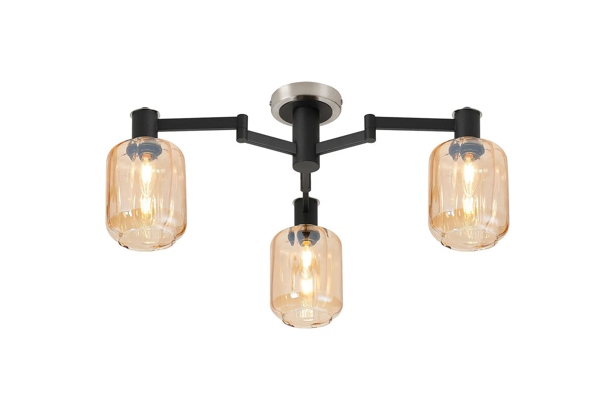 Adamson Swing Arm Flush Ceiling 3 x E14 Satin Nickel/Satin Black/Amber Striped Cylinder Glass
