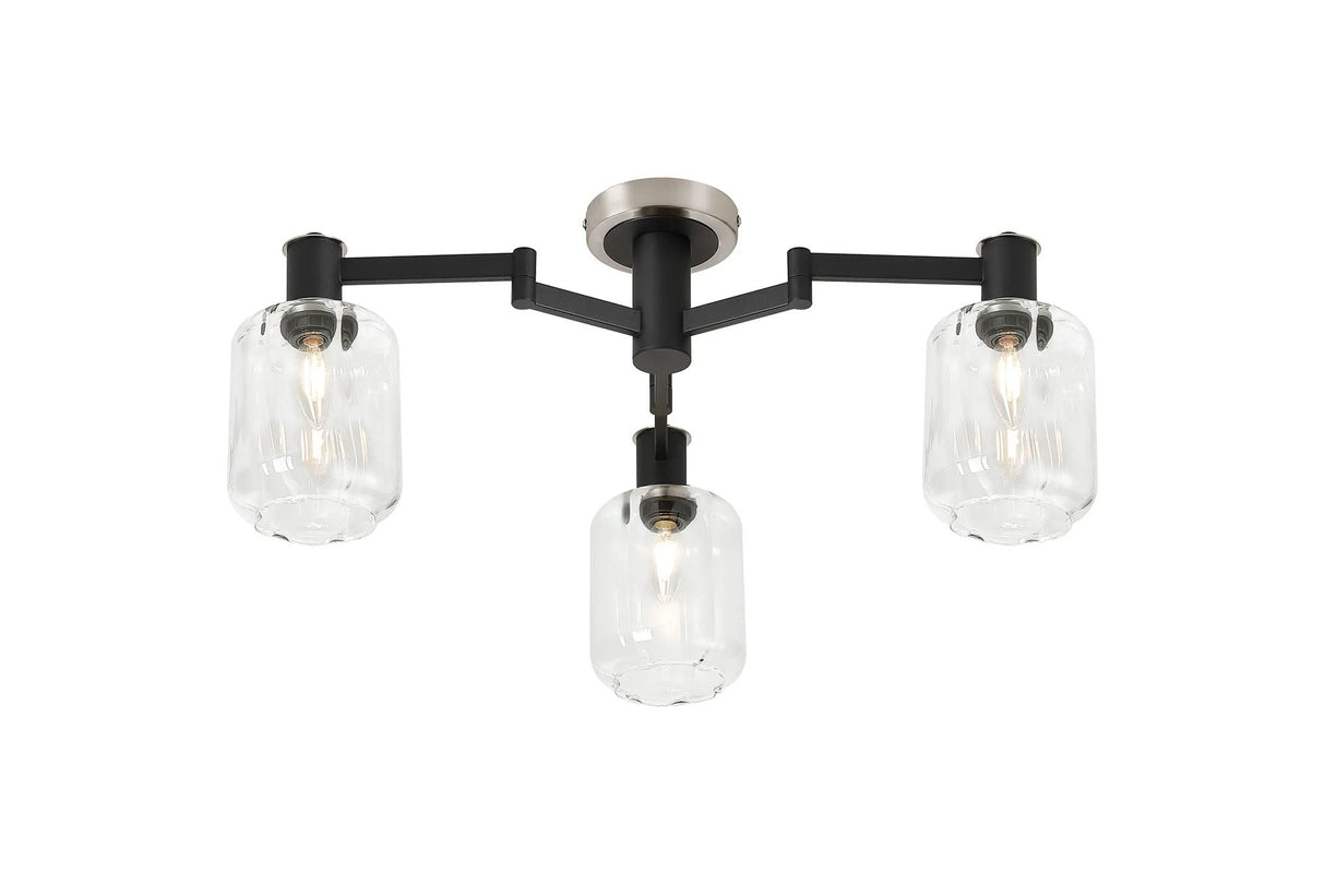 Adamson Swing Arm Flush Ceiling 3 x E14 Satin Nickel/Satin Black/Clear Striped Cylinder Glass