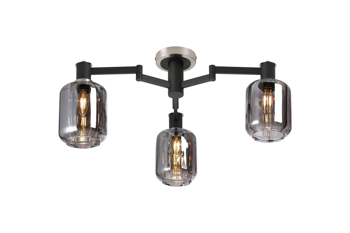 Adamson Swing Arm Flush Ceiling 3 x E14 Satin Nickel/Satin Black/Smoke Striped Cylinder Glass