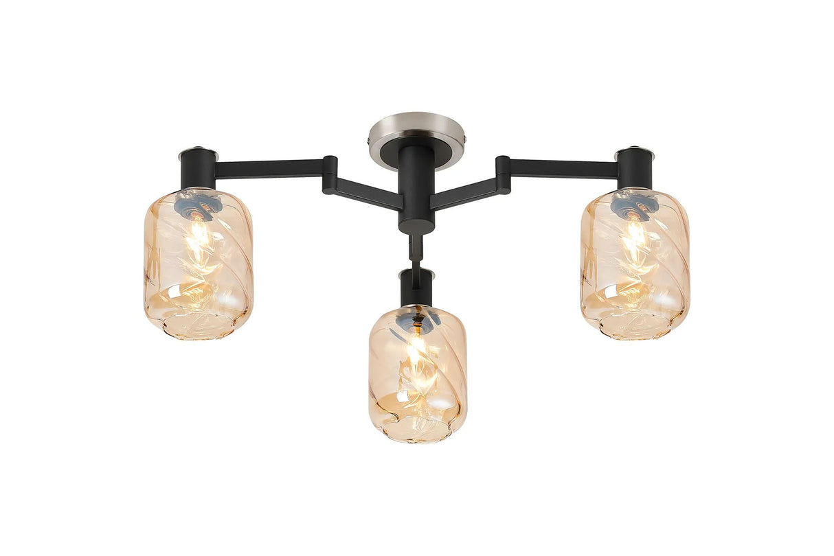 Adamson Swing Arm Flush Ceiling 3 x E14 Satin Nickel/Satin Black/Amber Twisted Cylinder Glass