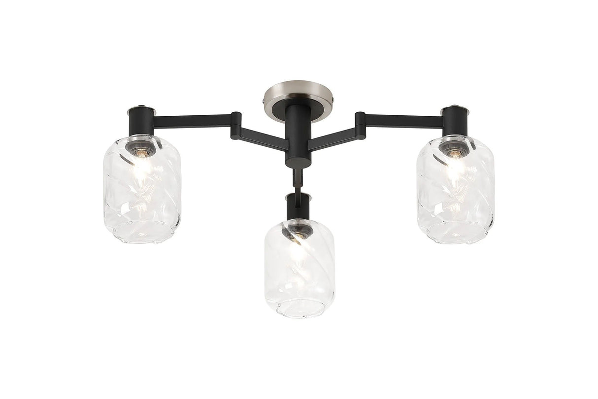 Adamson Swing Arm Flush Ceiling 3 x E14 Satin Nickel/Satin Black/Clear Twisted Cylinder Glass