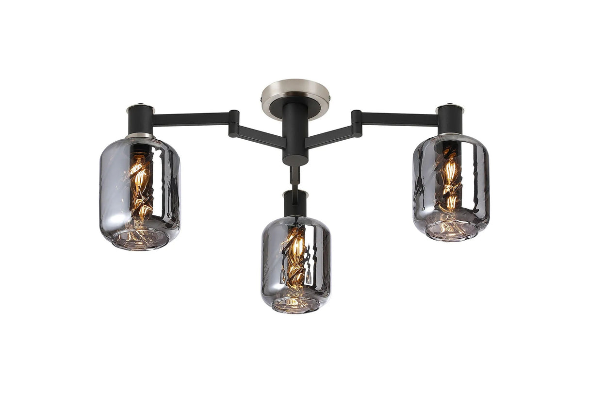 Adamson Swing Arm Flush Ceiling 3 x E14 Satin Nickel/Satin Black/Smoke Twisted Cylinder Glass