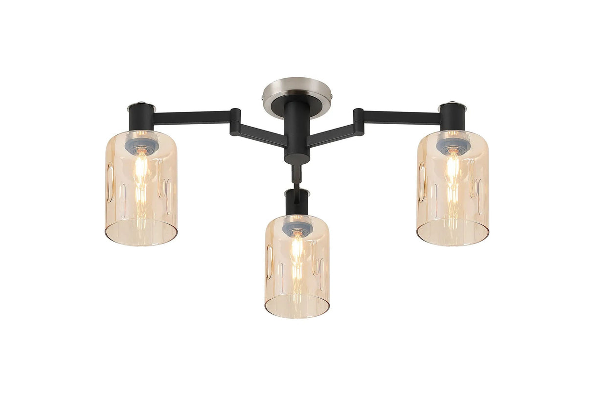 Adamson Swing Arm Flush Ceiling 3 x E14 Satin Nickel/Satin Black/Amber Uniform Dimple Cylinder Glass