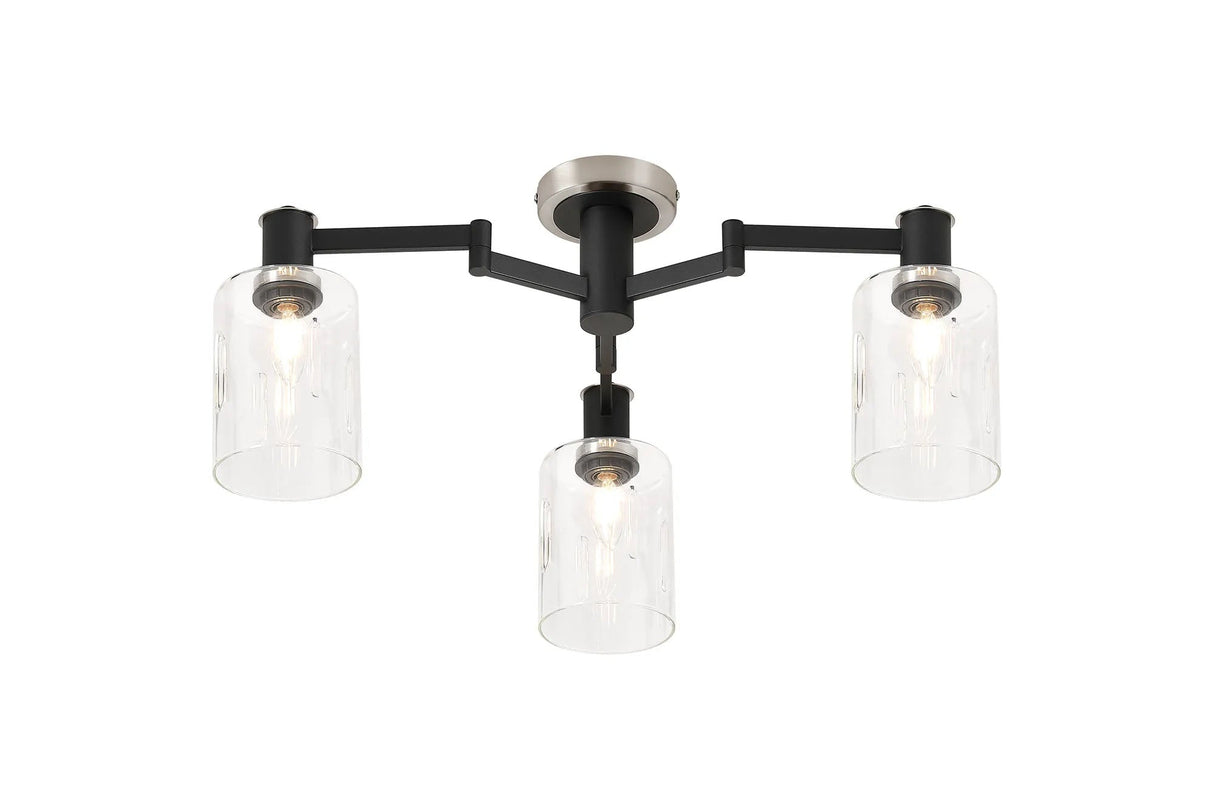 Adamson Swing Arm Flush Ceiling 3 x E14 Satin Nickel/Satin Black/Clear Uniform Dimple Cylinder Glass