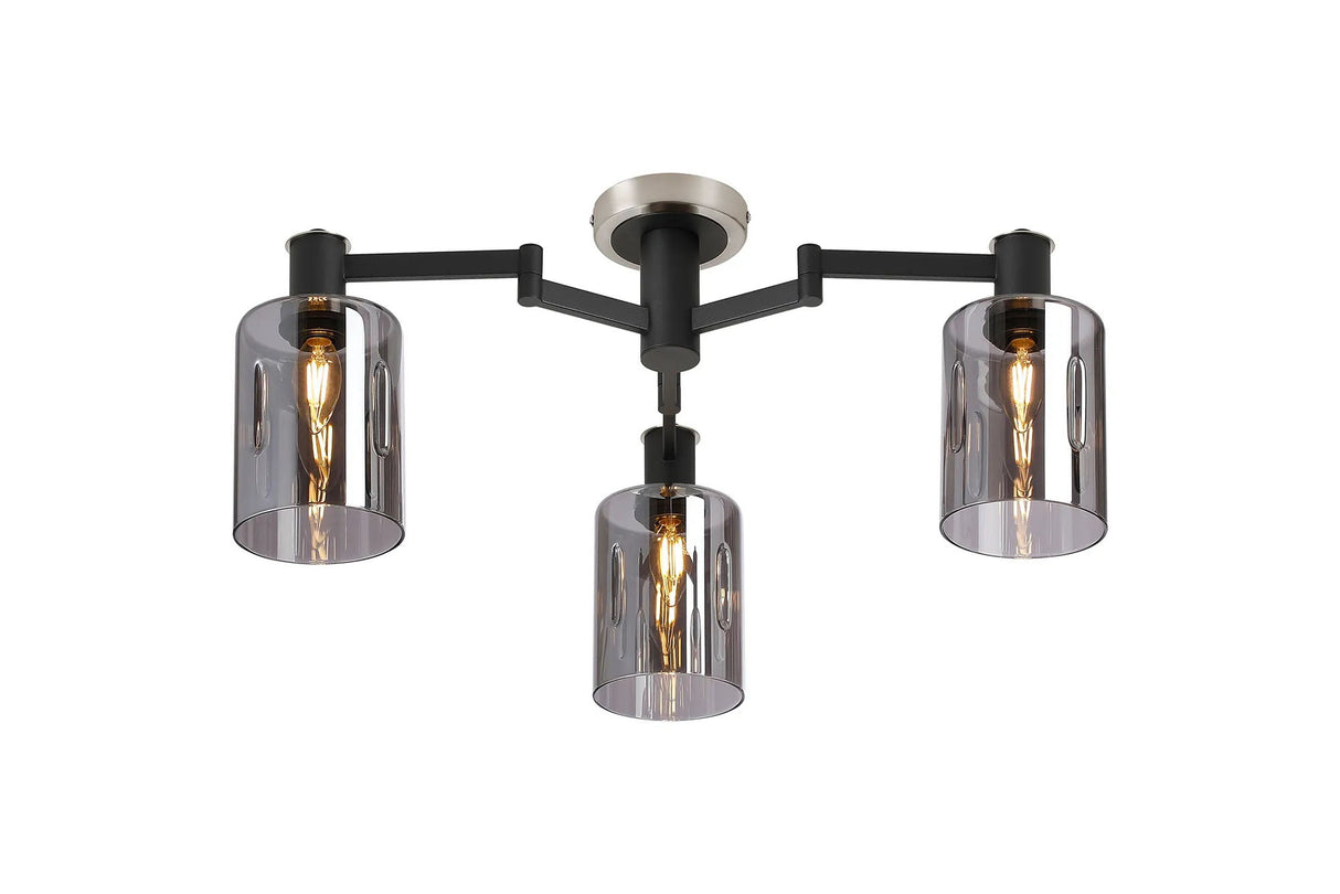 Adamson Swing Arm Flush Ceiling 3 x E14 Satin Nickel/Satin Black/Smoke Uniform Dimple Cylinder Glass