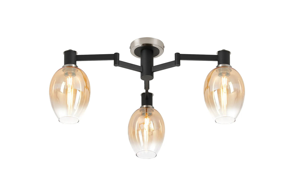 Adamson Swing Arm Flush Ceiling 3 x E14 Satin Nickel/Satin Black/Amber Fade Wine Glass Glass