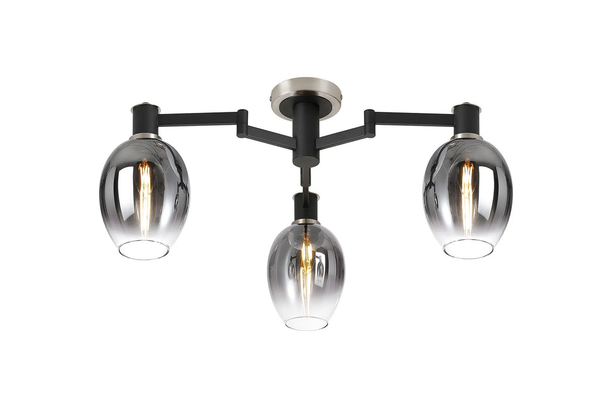 Adamson Swing Arm Flush Ceiling 3 x E14 Satin Nickel/Satin Black/Smoke Fade Wine Glass Glass