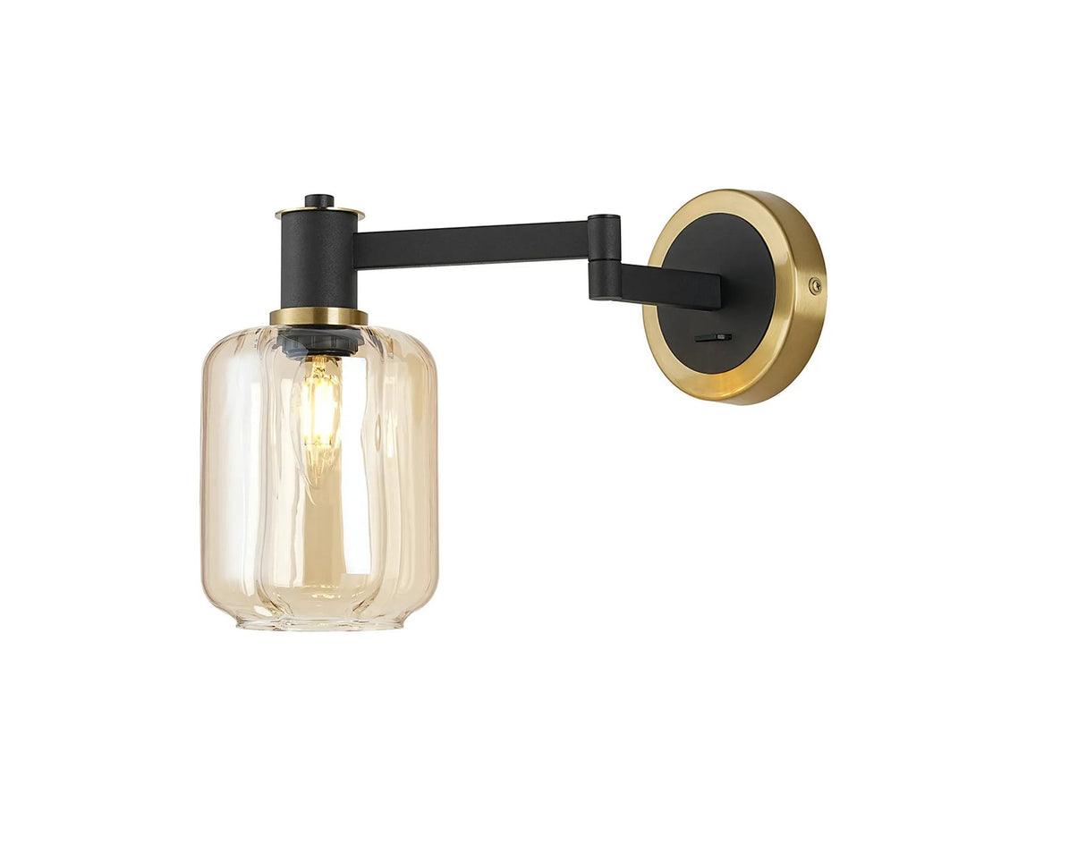 Adamson Adjustable Swing Arm Wall x 1 x E14 Brass/Satin Black/Amber Striped Cylinder Glass