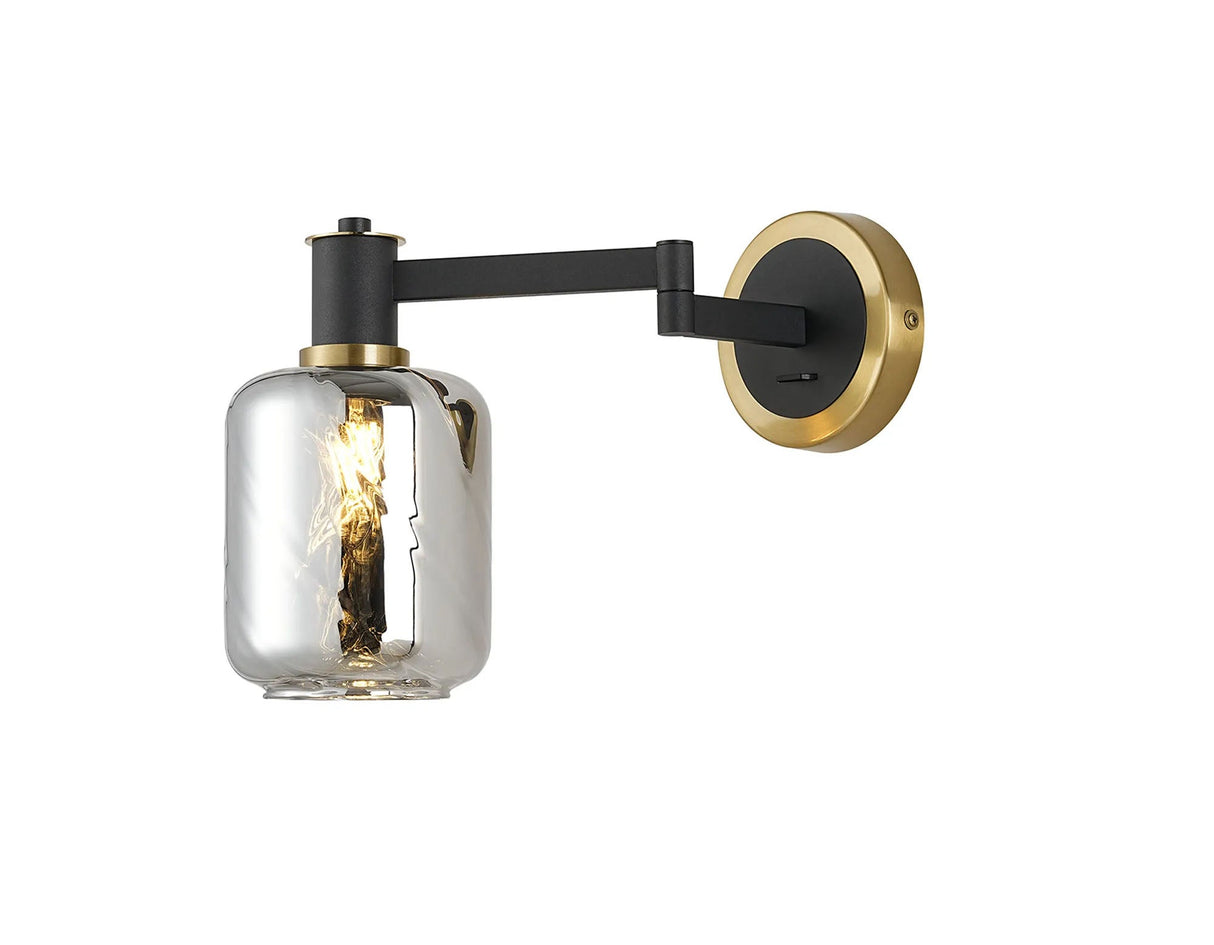 Adamson Adjustable Swing Arm Wall x 1 x E14 Brass/Satin Black/Smoke Twisted Cylinder Glass