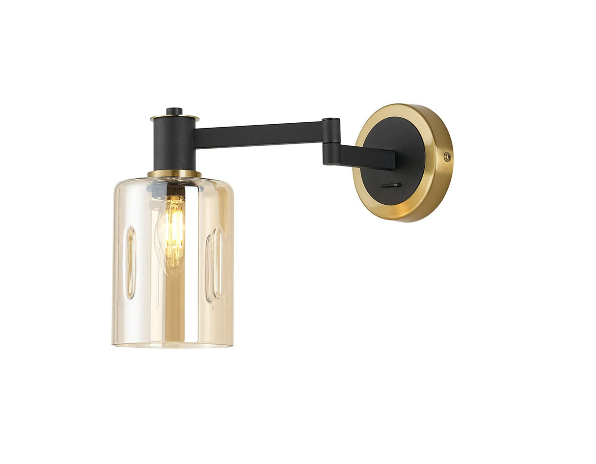 Adamson Adjustable Swing Arm Wall x 1 x E14 Brass/Satin Black/Amber Uniform Dimple Cylinder Glass