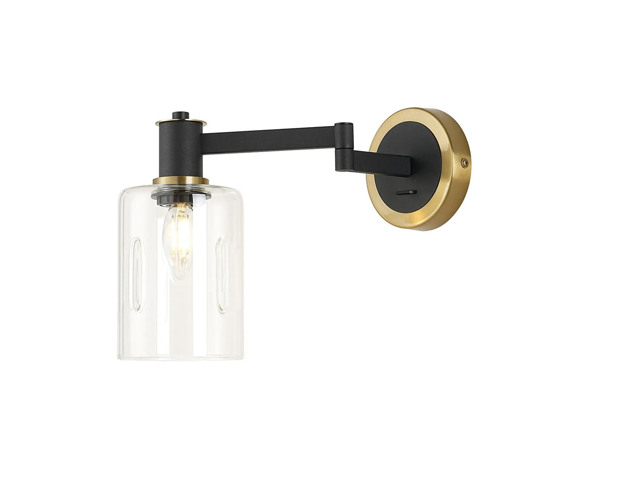 Adamson Adjustable Swing Arm Wall x 1 x E14 Brass/Satin Black/Clear Uniform Dimple Cylinder Glass