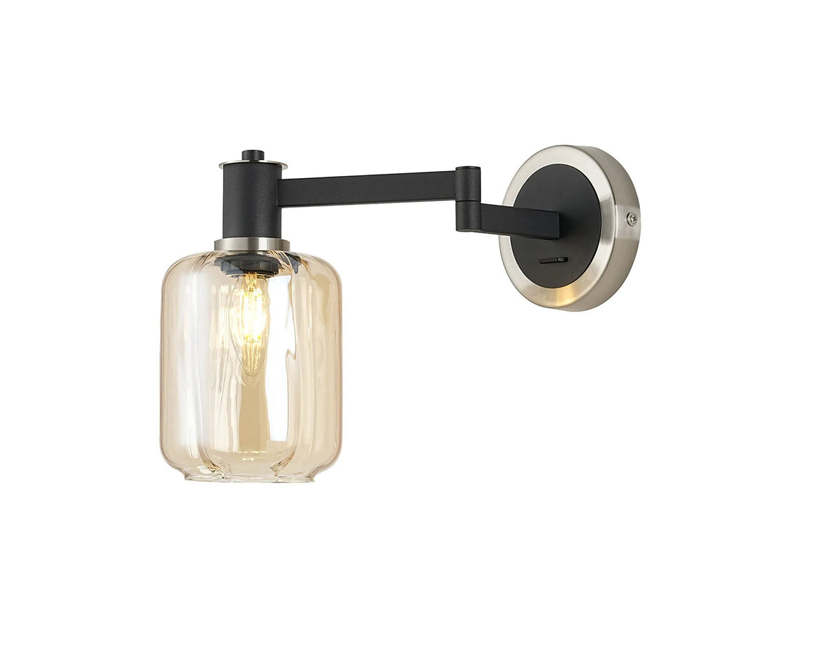 Adamson Adjustable Swing Arm Wall x 1 x E14 Satin Nickel/Satin Black/Amber Striped Cylinder Glass