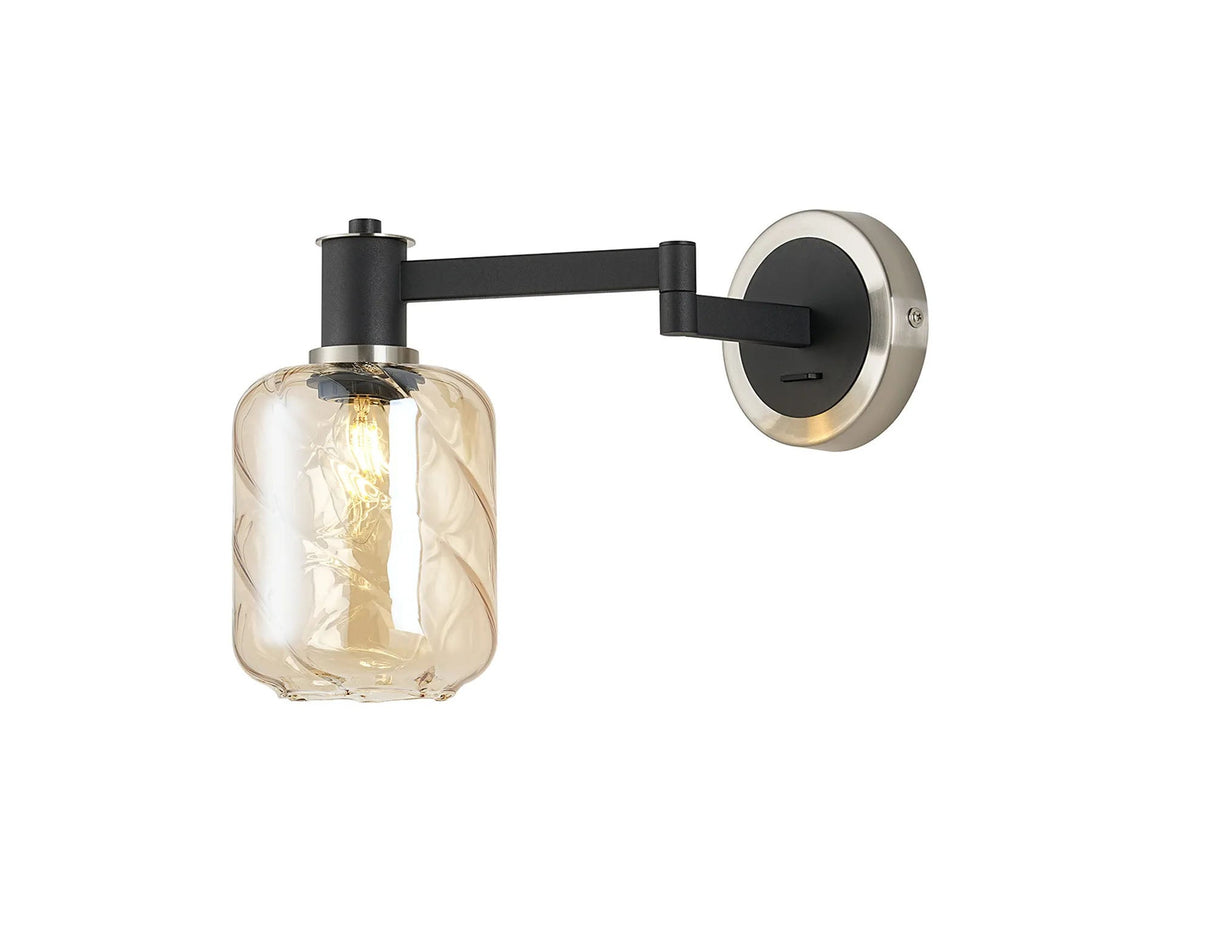 Adamson Adjustable Swing Arm Wall x 1 x E14 Satin Nickel/Satin Black/Amber Twisted Cylinder Glass